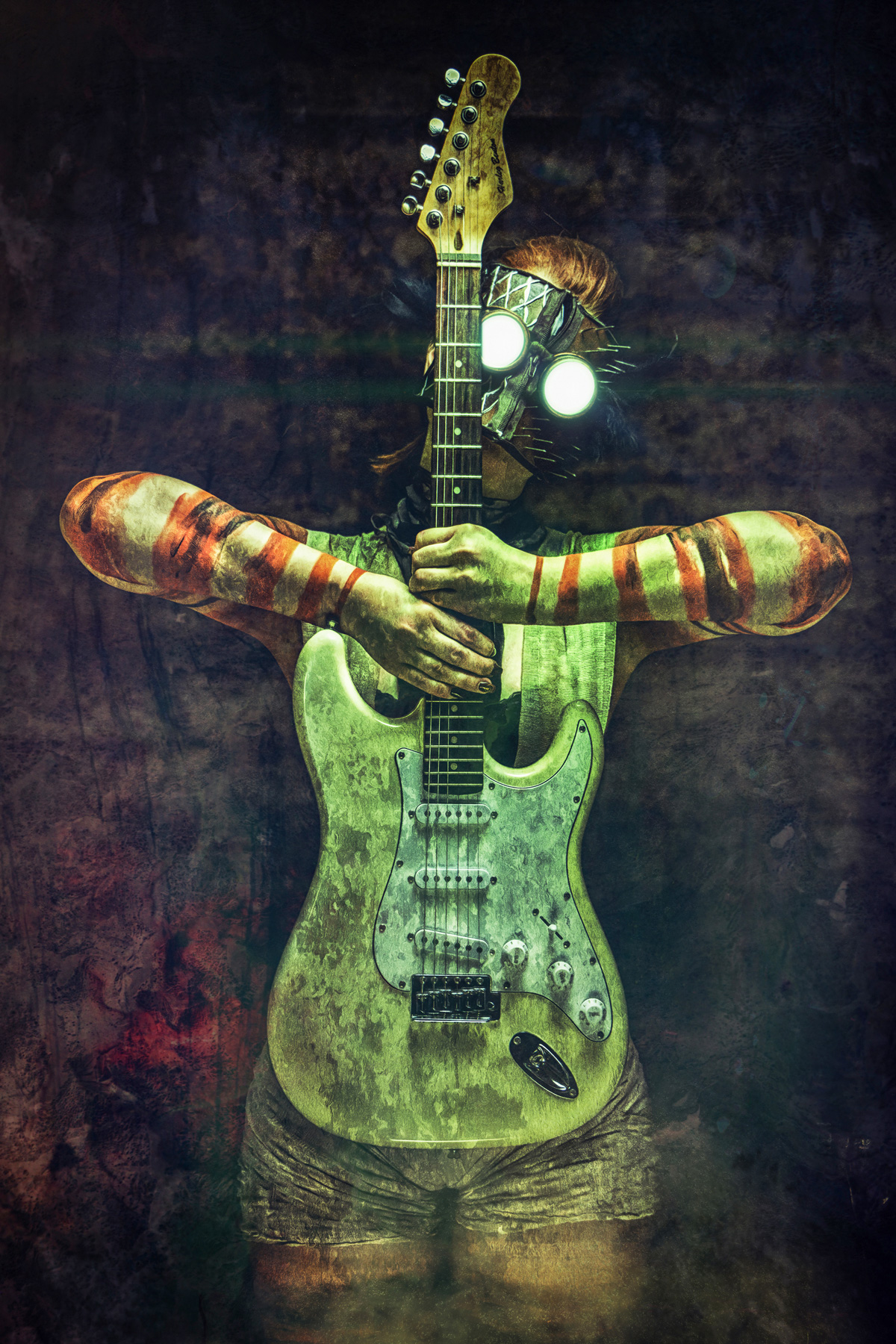 A gritty, post-apocalyptic fine art portrait of a woman wearing glowing steampunk goggles and a metal mask, holding a weathered electric guitar in front of her face, with red and white body paint on her arms.